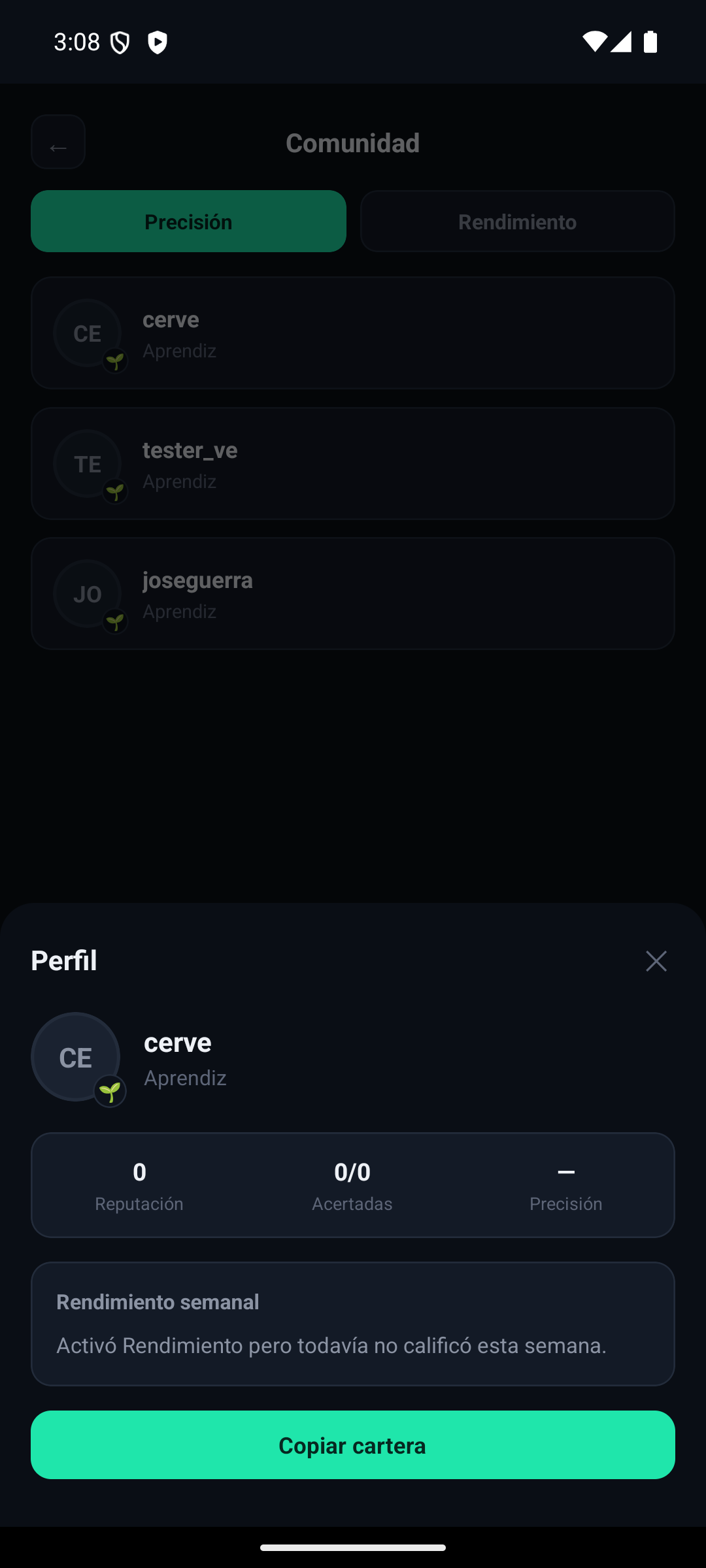 Perfil de otro usuario en AlTanto con el botón Copiar cartera